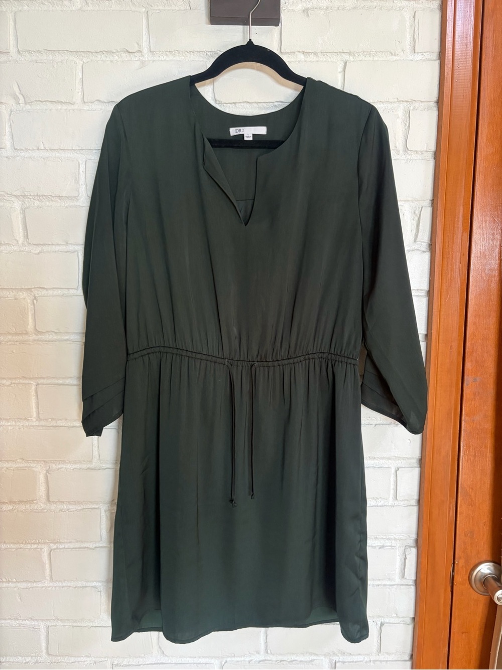 DR2 Dark Hunter Green Long Sleeve Drawstring Waist Dress